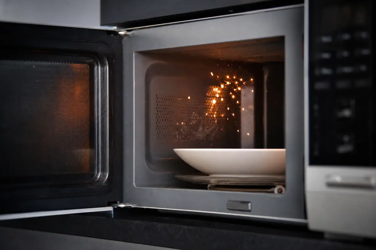 Four à micro-ondes ouvert dans une cuisine, avec un plat posé sur le plateau tournant