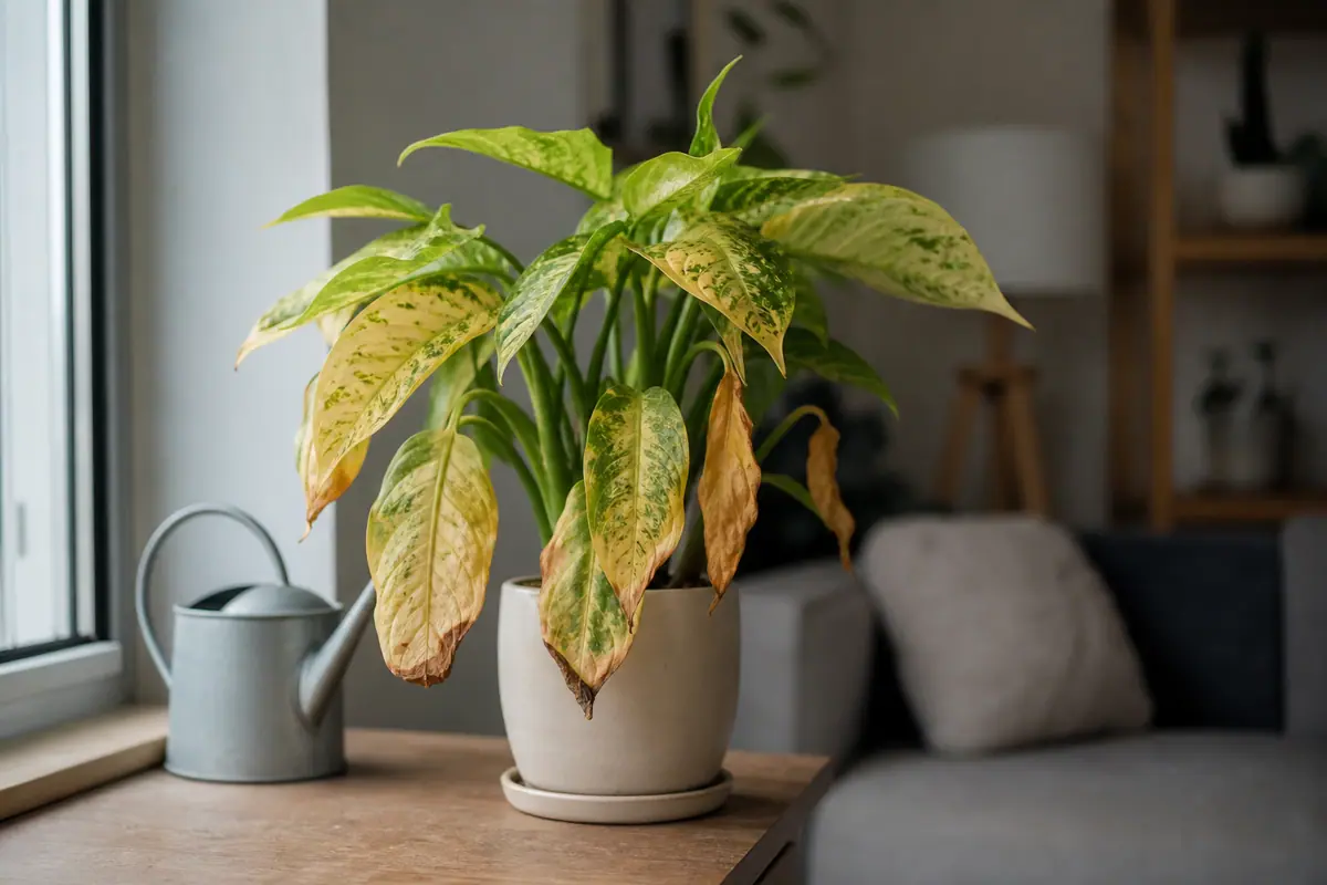 Plante verte d'intérieur en pot avec quelques feuilles jaunies, posée près d'une fenêtre