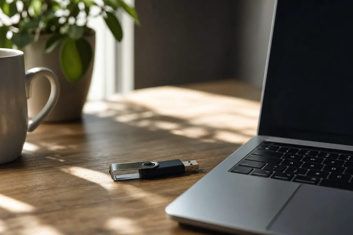 Clé USB posée sur un bureau en bois à côté d'un ordinateur portable ouvert