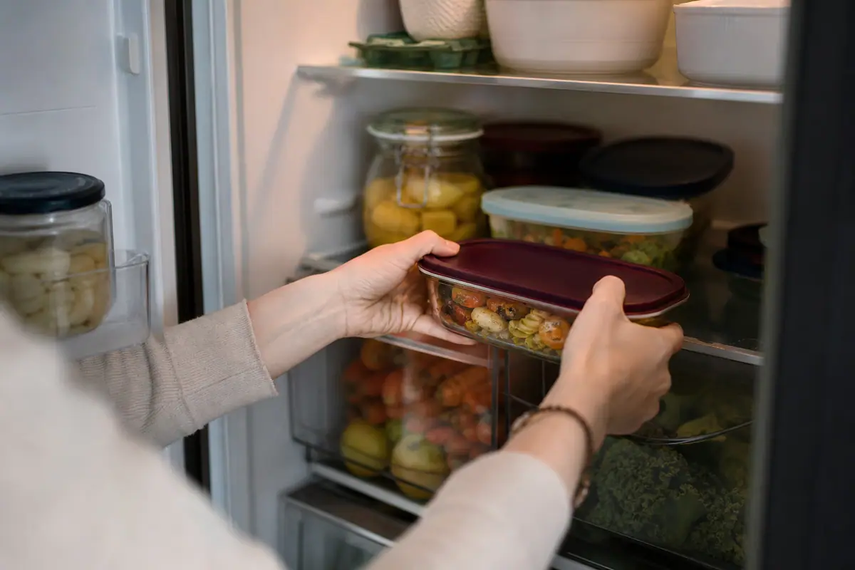 Plats cuisinés dans des contenants en verre rangés sur une étagère de réfrigérateur