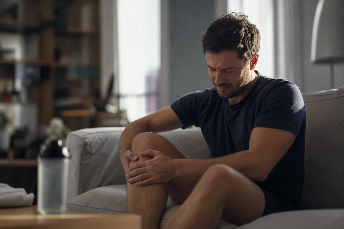 Personne assise au sol après une séance de sport en extérieur, jambes tendues