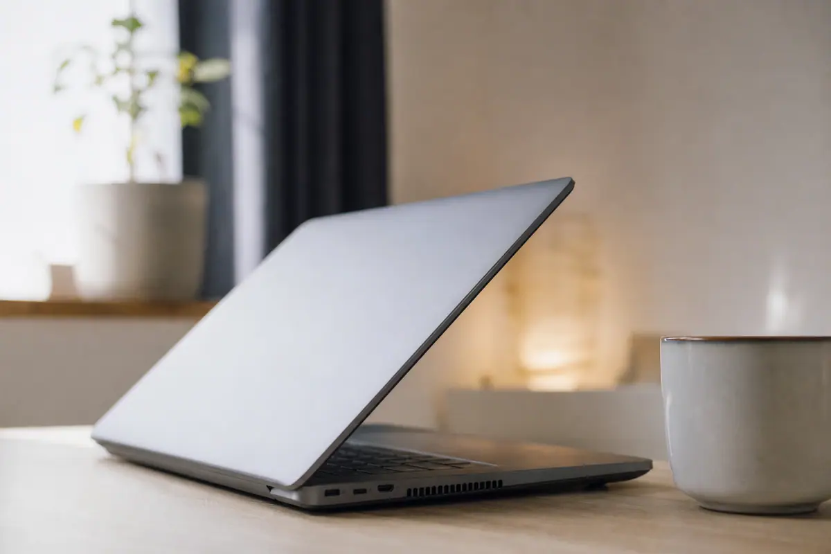 Ordinateur portable ouvert sur un bureau en bois, ventilateur visible par les grilles d’aération