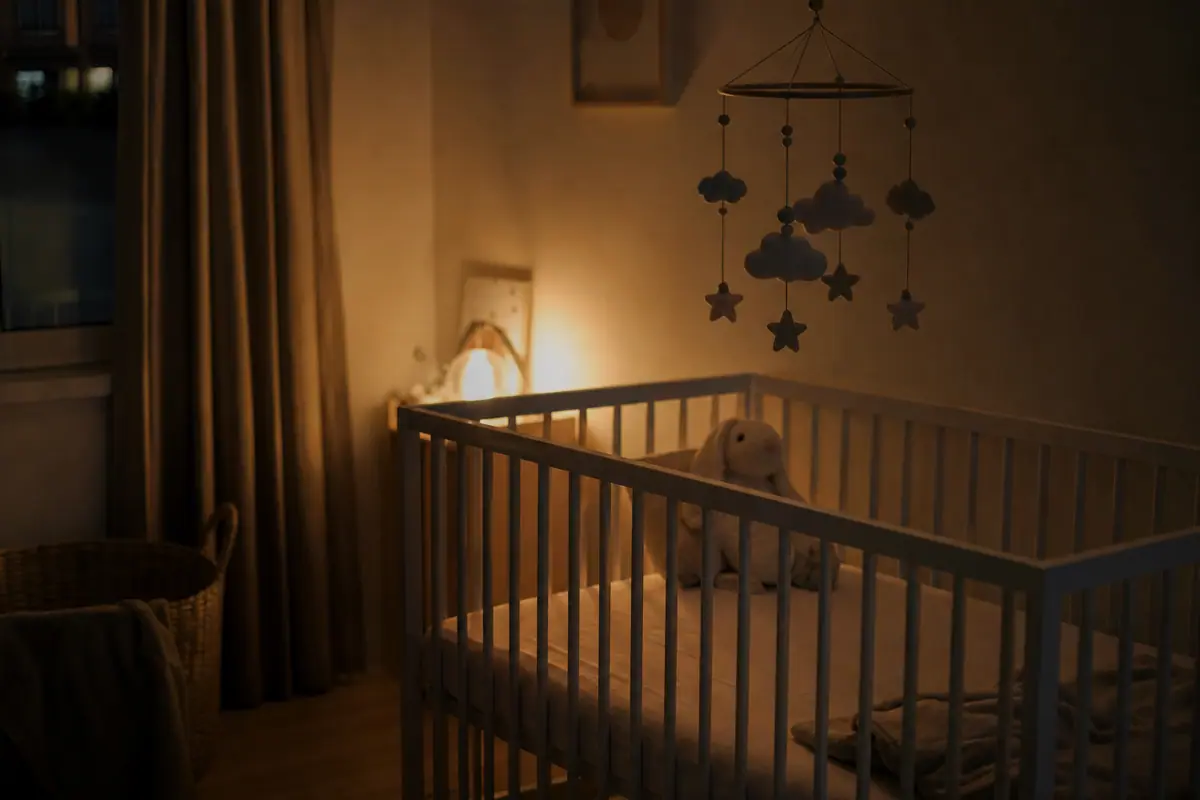 Chambre de bébé la nuit, veilleuse allumée près d’un lit à barreaux