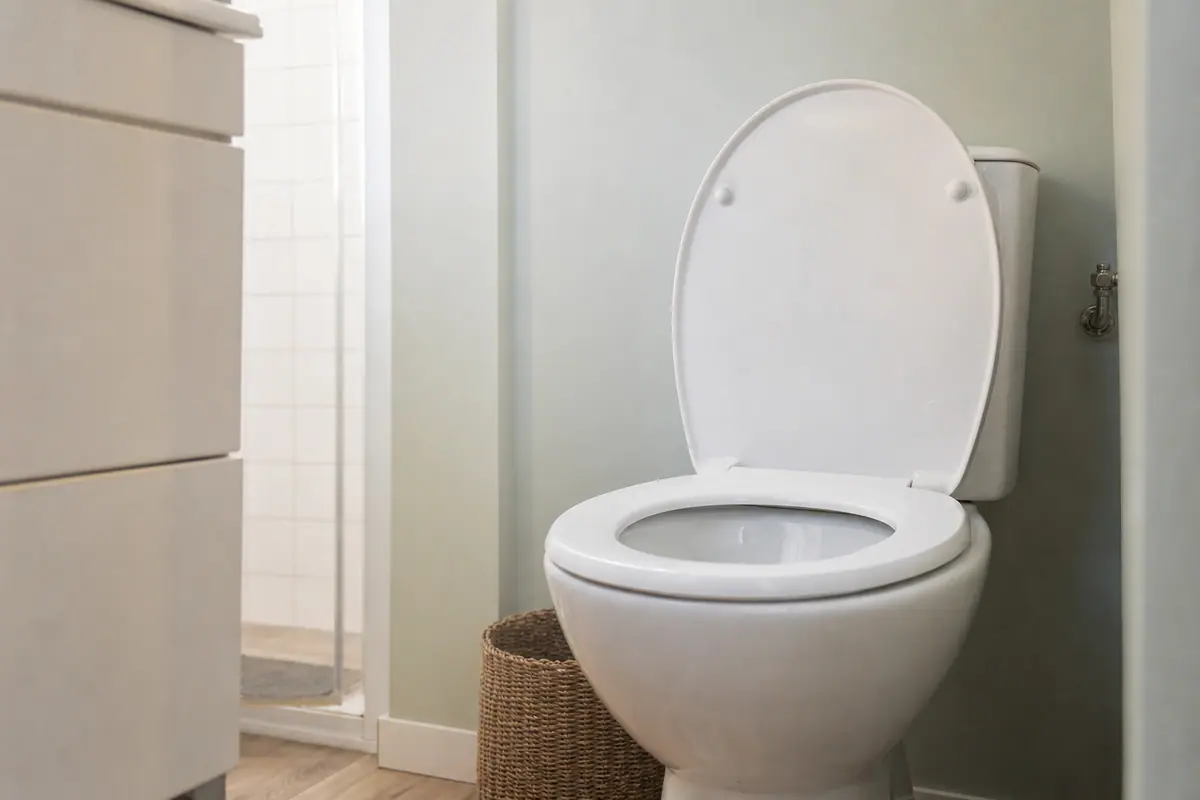 Salle de bain lumineuse avec toilettes blanches et fenêtre en arrière-plan