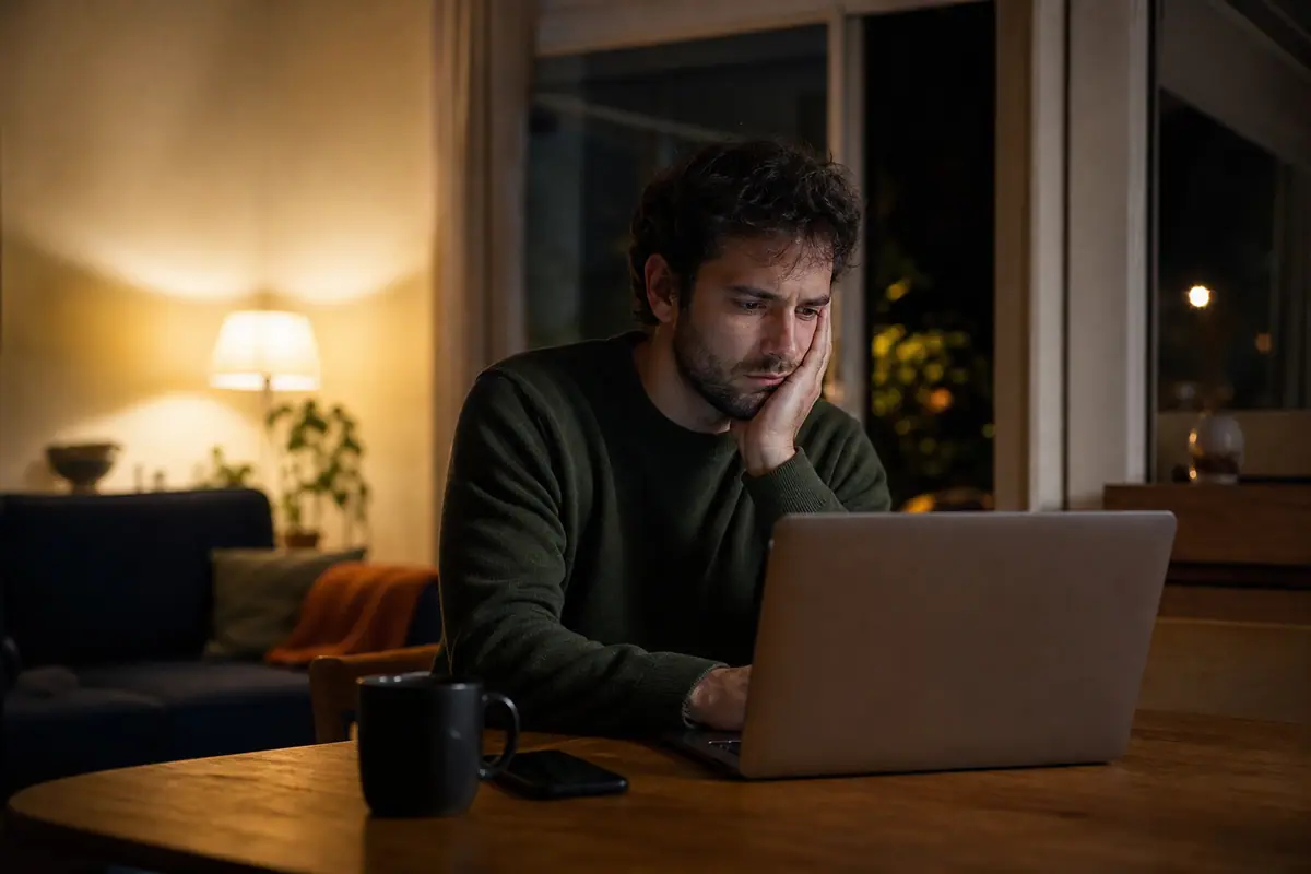 Homme assis à une table le soir, l’air agacé devant son ordinateur portable dans un salon éclairé par une lampe