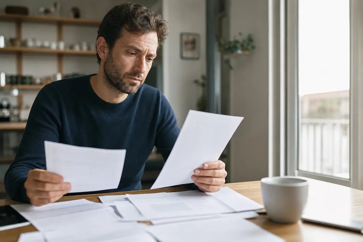 Homme assis à une table de cuisine, examinant des documents administratifs près d’une baie vitrée