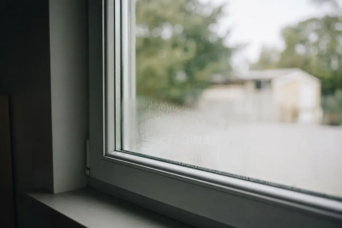 Angle d’une fenêtre dont le vitrage est voilé par un dépôt de condensation