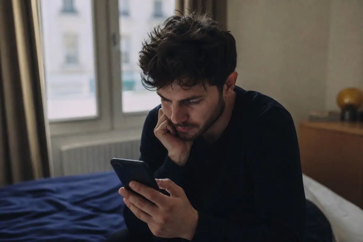 Main qui tient un smartphone affichant une application de rencontre, dans un café