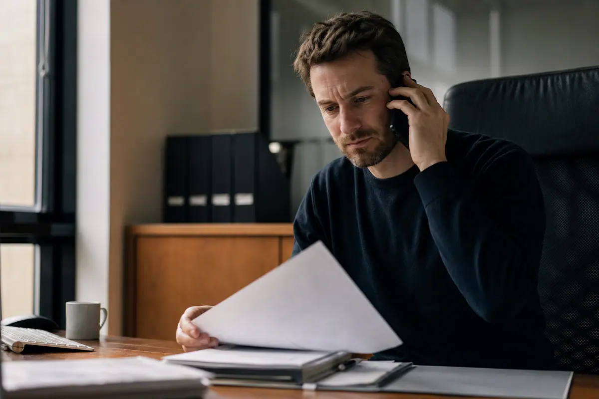 Homme au téléphone dans son bureau, examinant un document de facturation