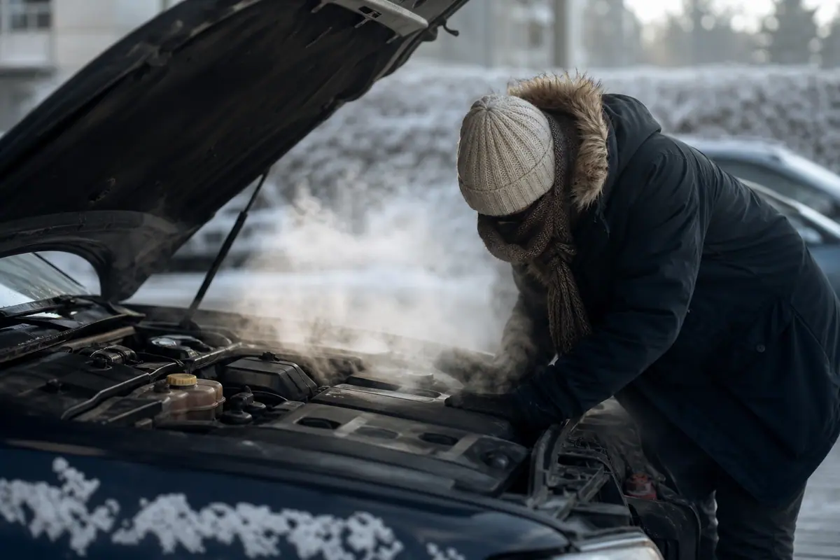 Tableau de bord d'une voiture au ralenti un matin d'hiver, pare-brise givré