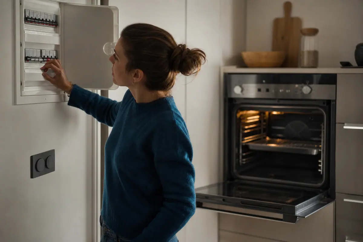 Tableau électrique domestique avec un disjoncteur en position déclenchée, dans une cuisine