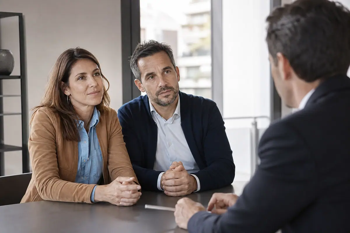 Couple consultant des documents de crédit immobilier et d'assurance à une table de cuisine