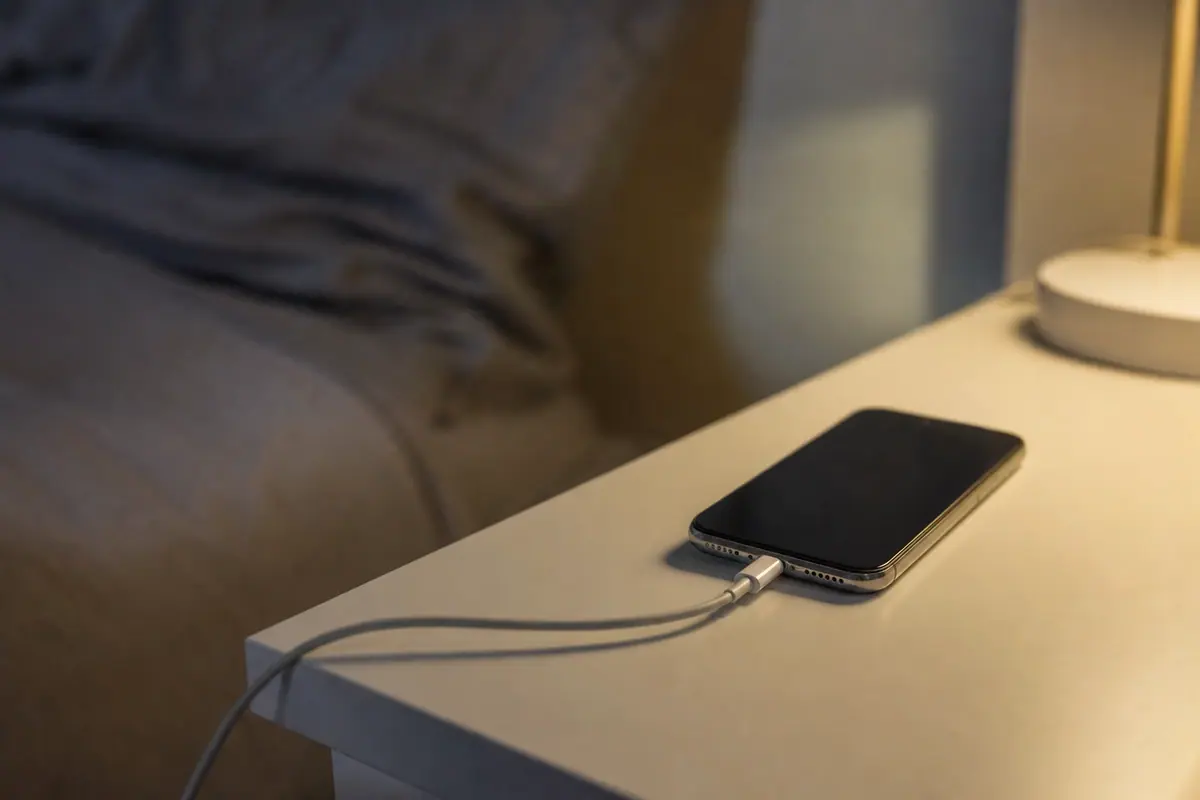 Smartphone posé sur une table de nuit en charge dans une chambre plongée dans la pénombre