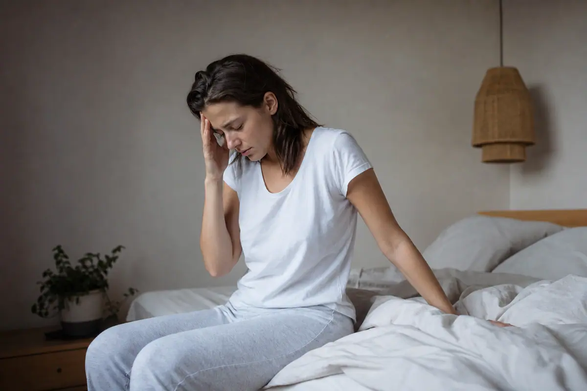 Personne assise au bord du lit le matin, main sur le front, dans une chambre baignée de lumière douce