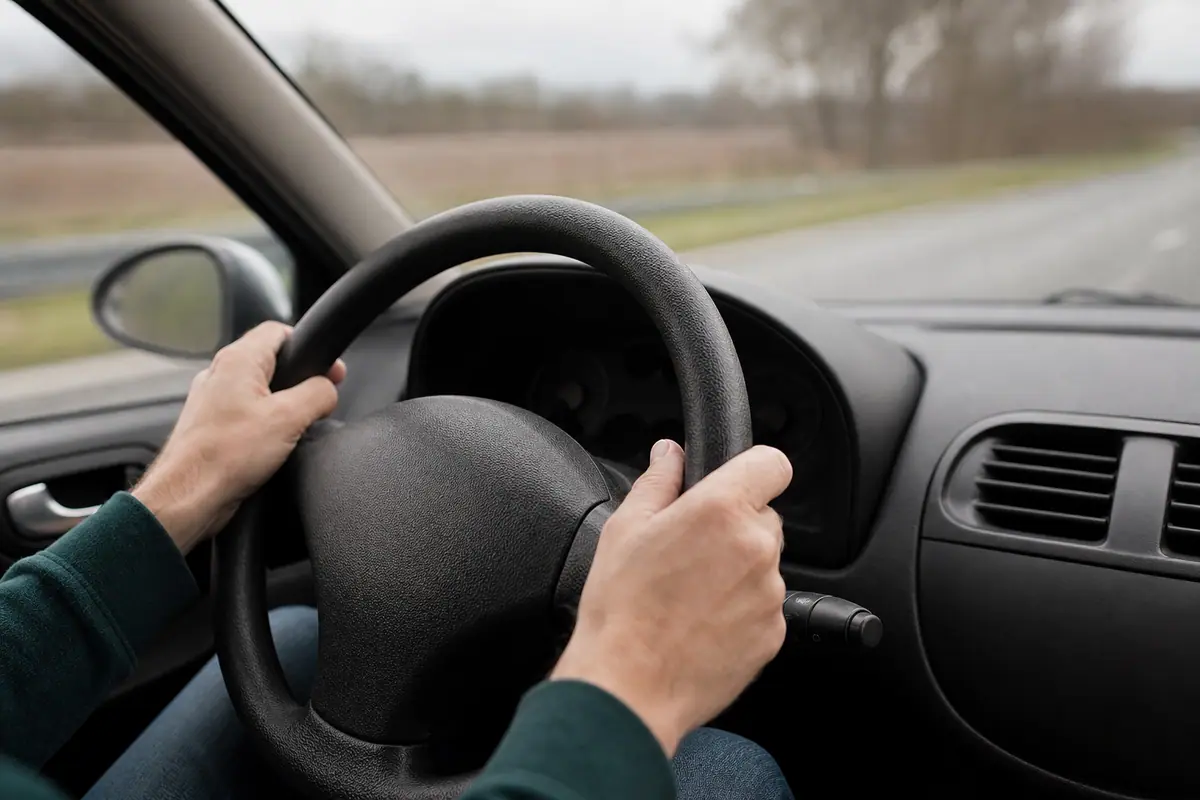 Mains sur un volant de voiture sur une autoroute, compteur de vitesse visible en arrière-plan