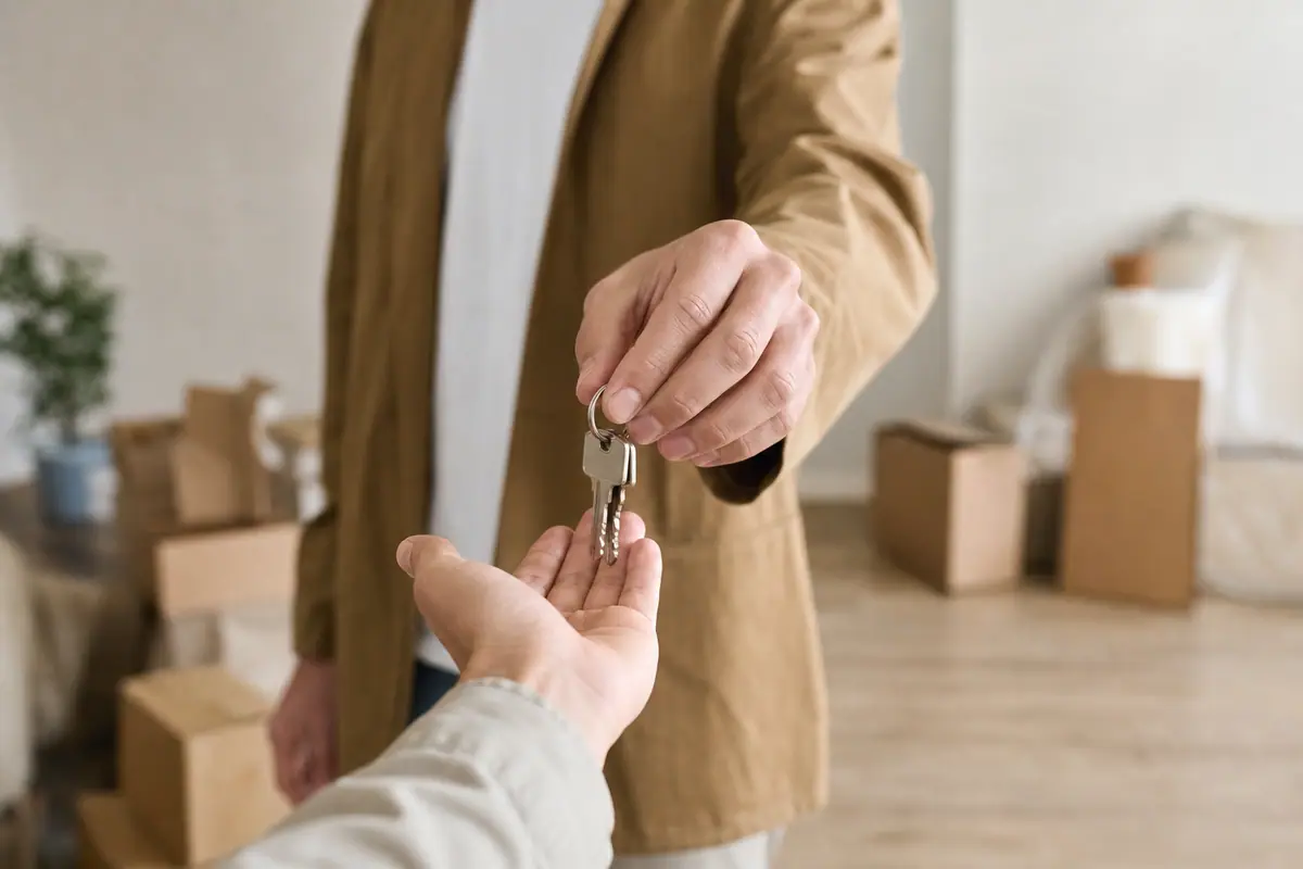 Trousseau de clés posé sur un état des lieux de sortie, cartons de déménagement en arrière-plan