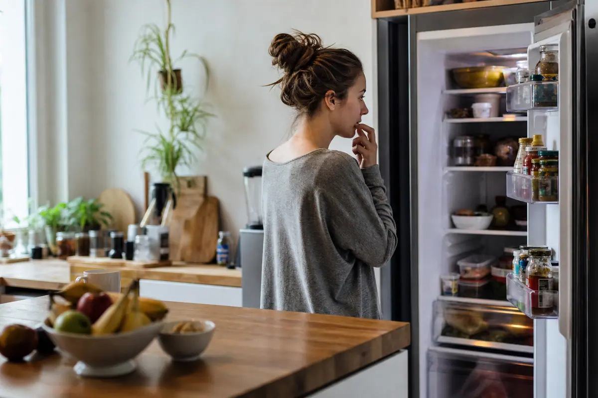 Assiette repas terminée sur une table, personne regardant le contenu du réfrigérateur en arrière-plan