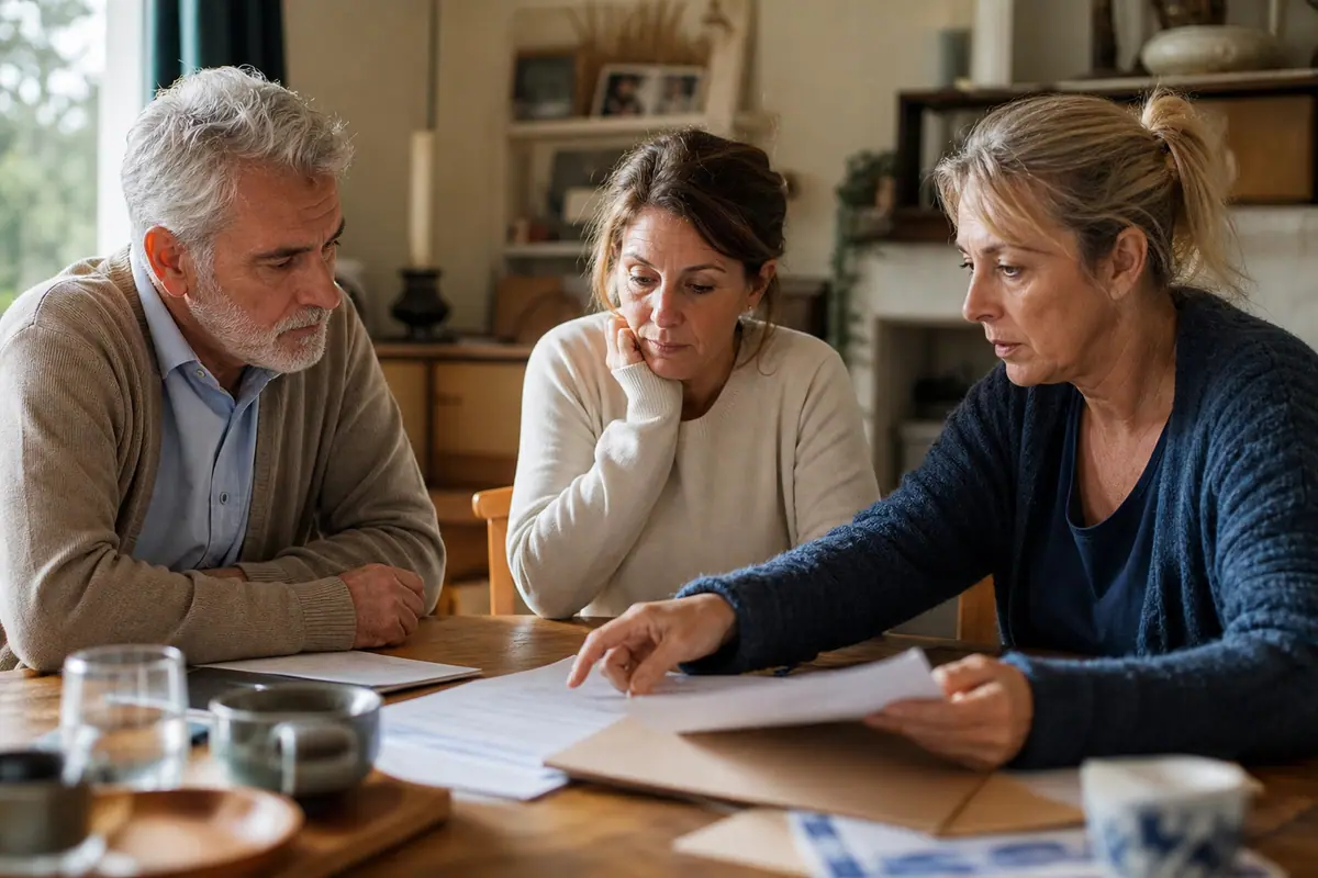 Deux frères et sœurs adultes consultant des documents de succession sur une table avec un notaire