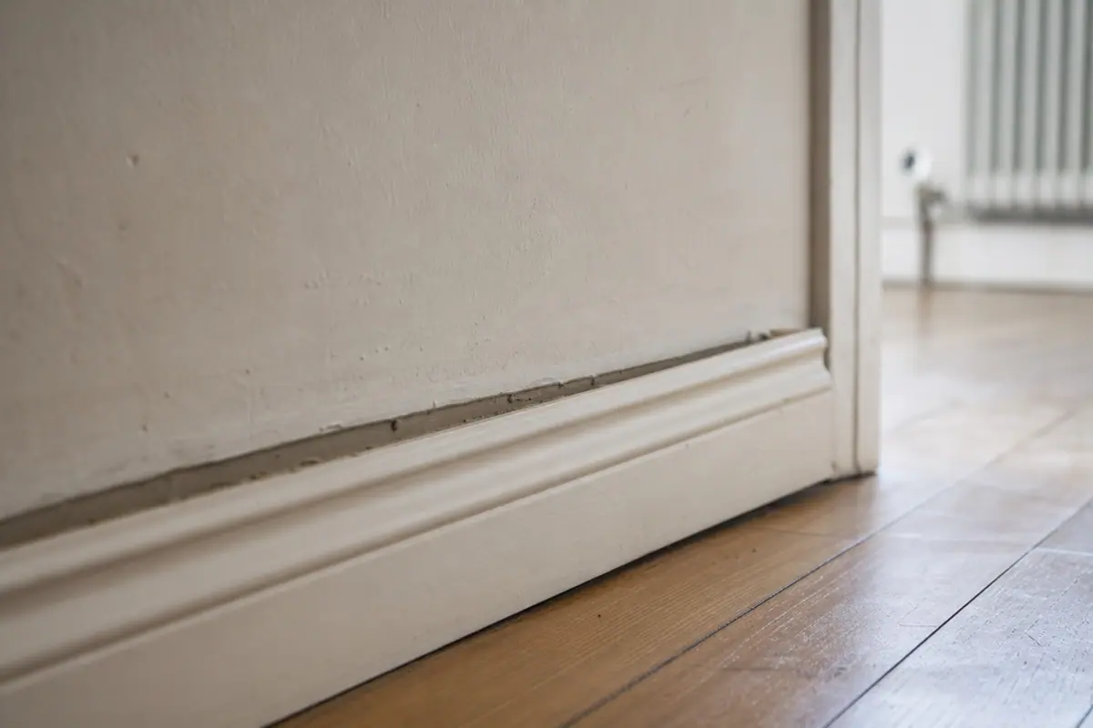 Plinthe en bois légèrement décollée du mur dans un salon chauffé en hiver