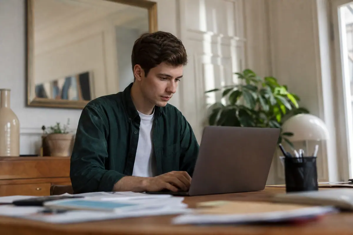 Jeune actif consultant son premier bulletin de salaire et un ordinateur portable