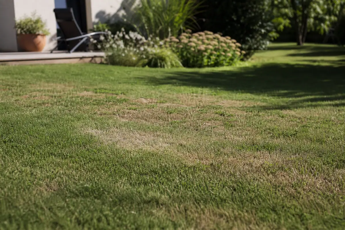 Pelouse verte avec plusieurs taches jaunes circulaires visibles au soleil