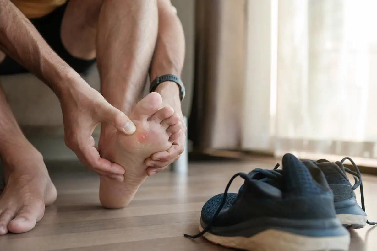 Coureur retirant une chaussure de running neuve pour examiner son pied après une sortie