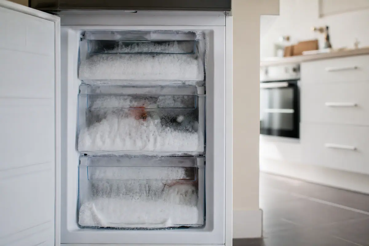Intérieur d'un congélateur avec une couche de givre visible sur les parois