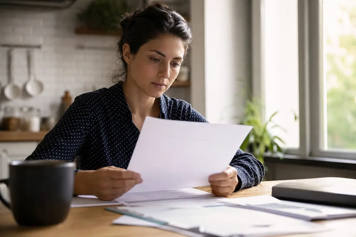 Personne consultant sa carte de mutuelle et son certificat de travail à son bureau