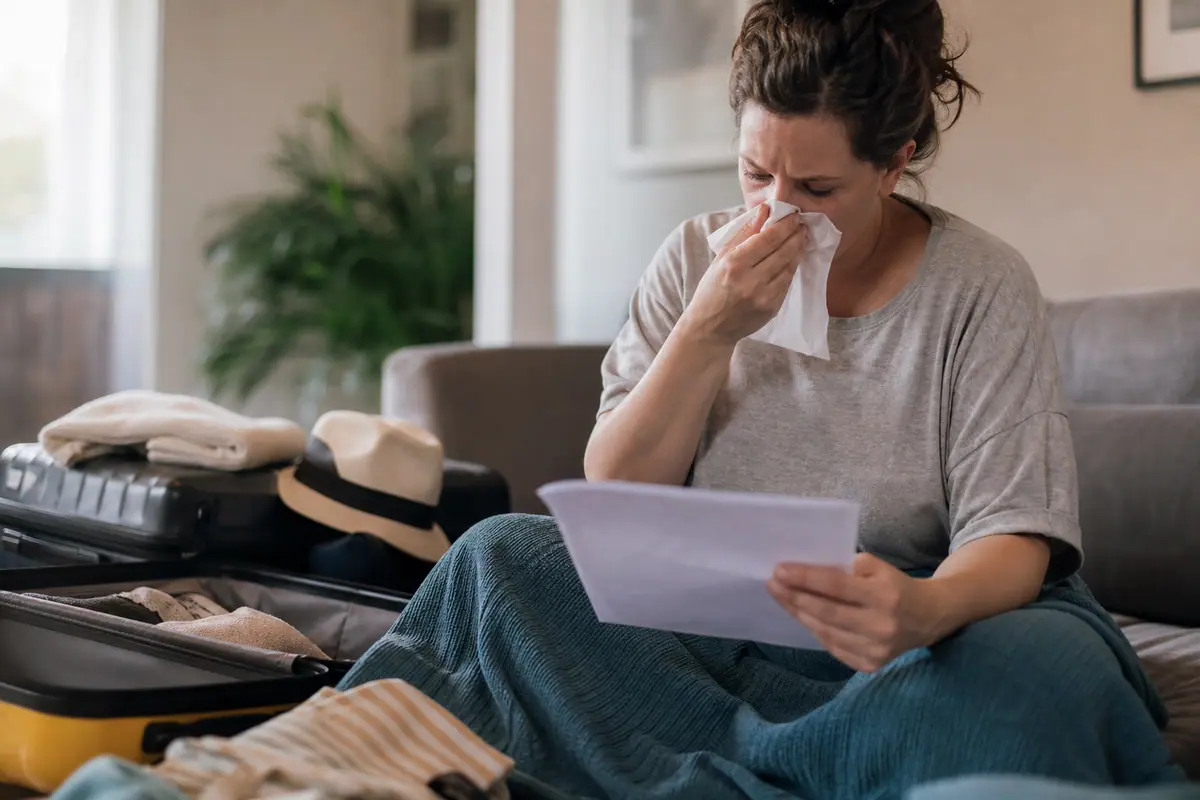 Personne consultant un certificat médical et un contrat d'assurance voyage à côté d'une valise