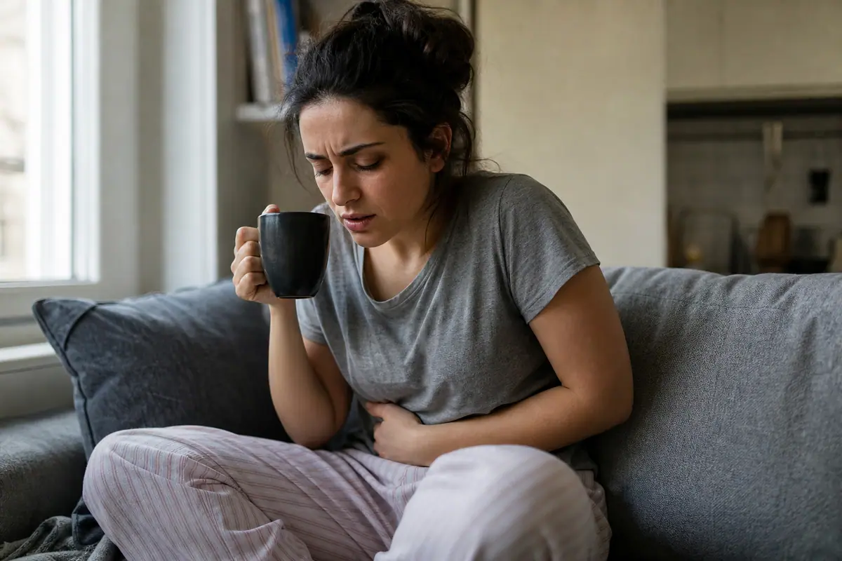 Personne tenant une tasse de café le matin en se touchant le ventre avec une expression gênée