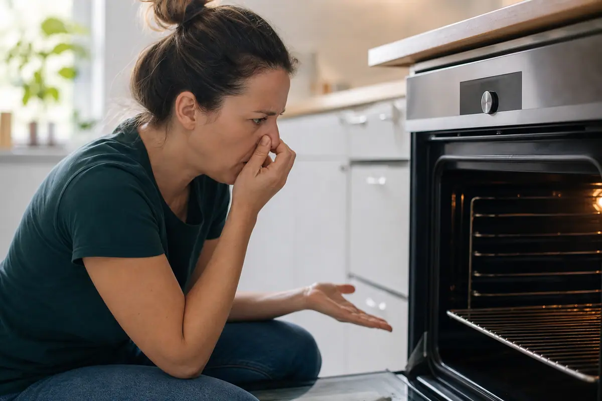 Four électrique ouvert et vide dans une cuisine, lumière intérieure allumée