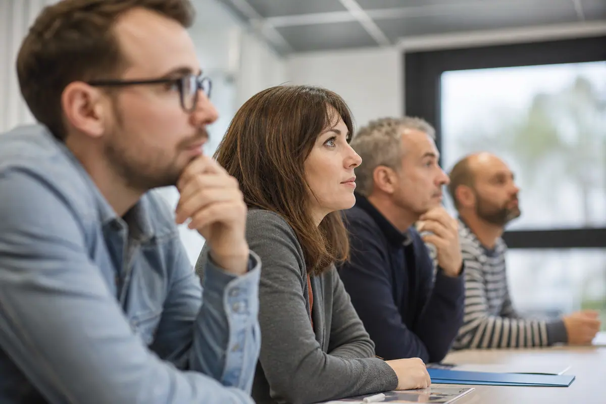 Salle de formation avec des participants assis à un stage de sécurité routière