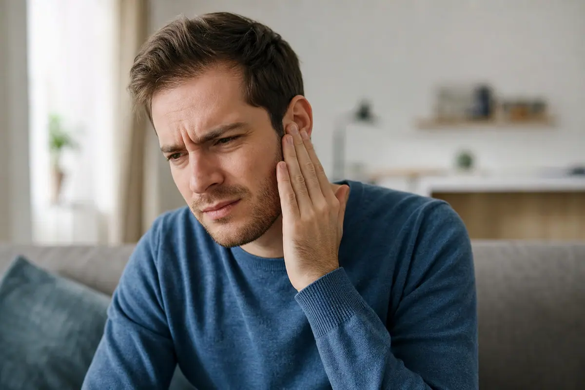 Personne se tenant l'oreille avec une expression de gêne, mouchoirs à proximité