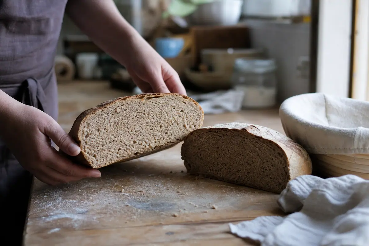 Pain maison tranché sur une planche en bois dans une cuisine