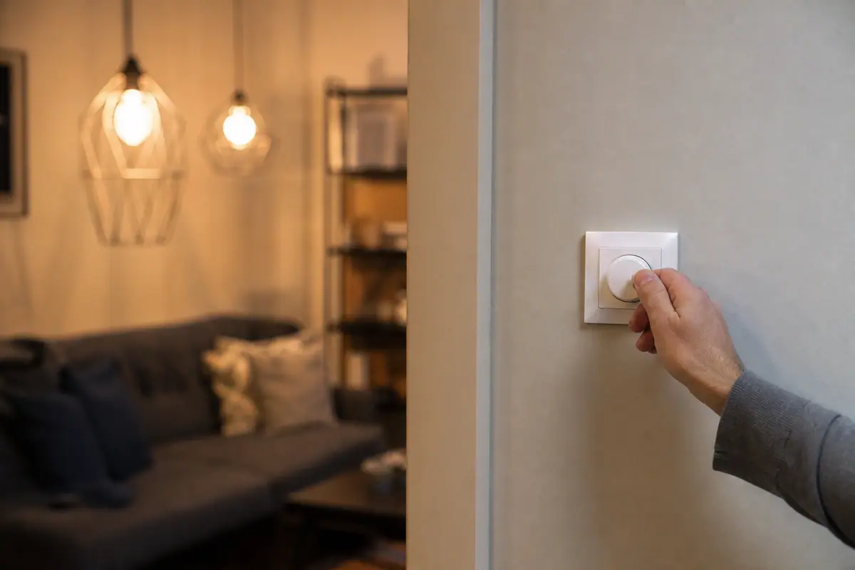 Variateur d'intensité lumineuse mural avec une ampoule allumée en arrière-plan
