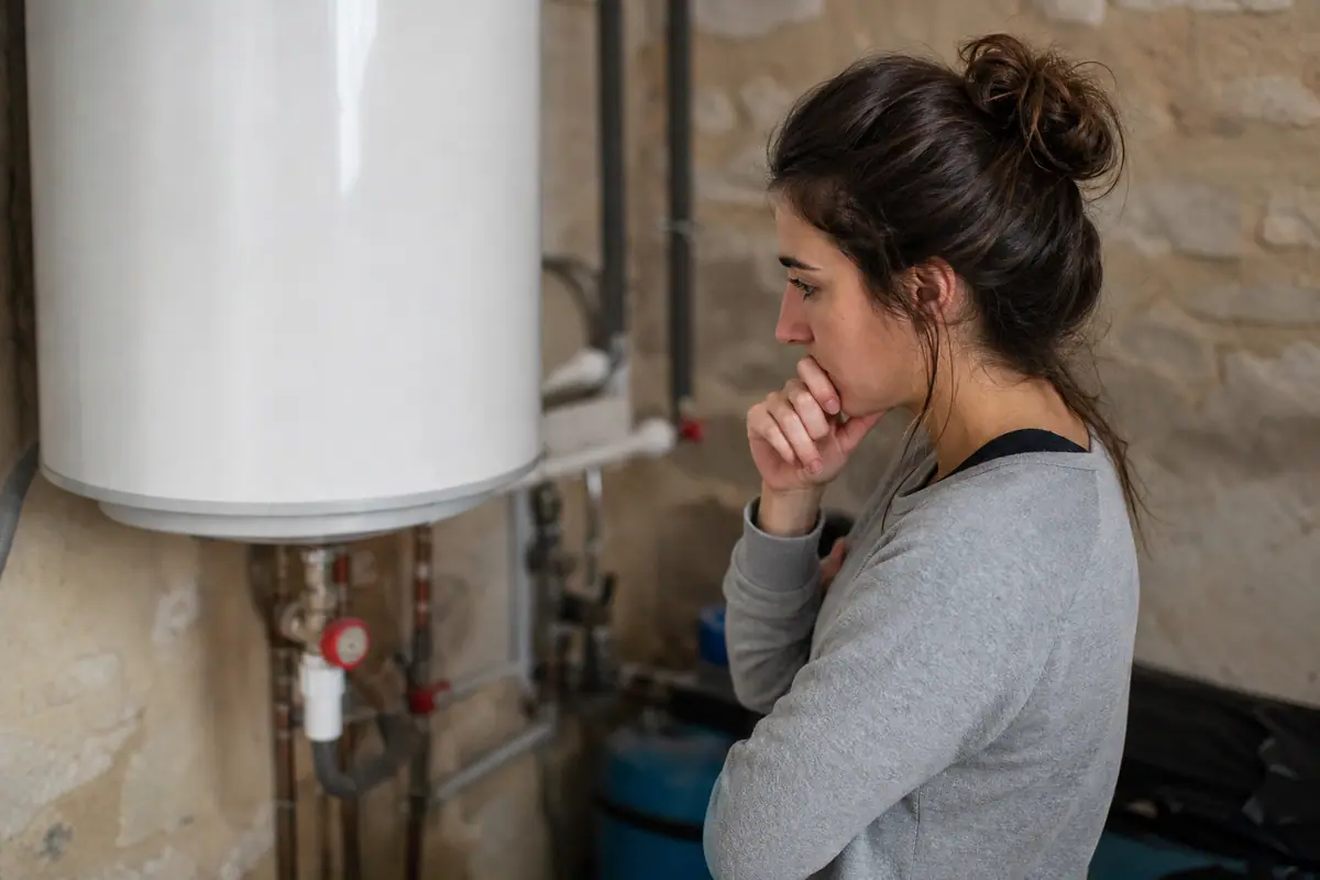 Chauffe-eau électrique blanc installé dans un cellier ou une buanderie
