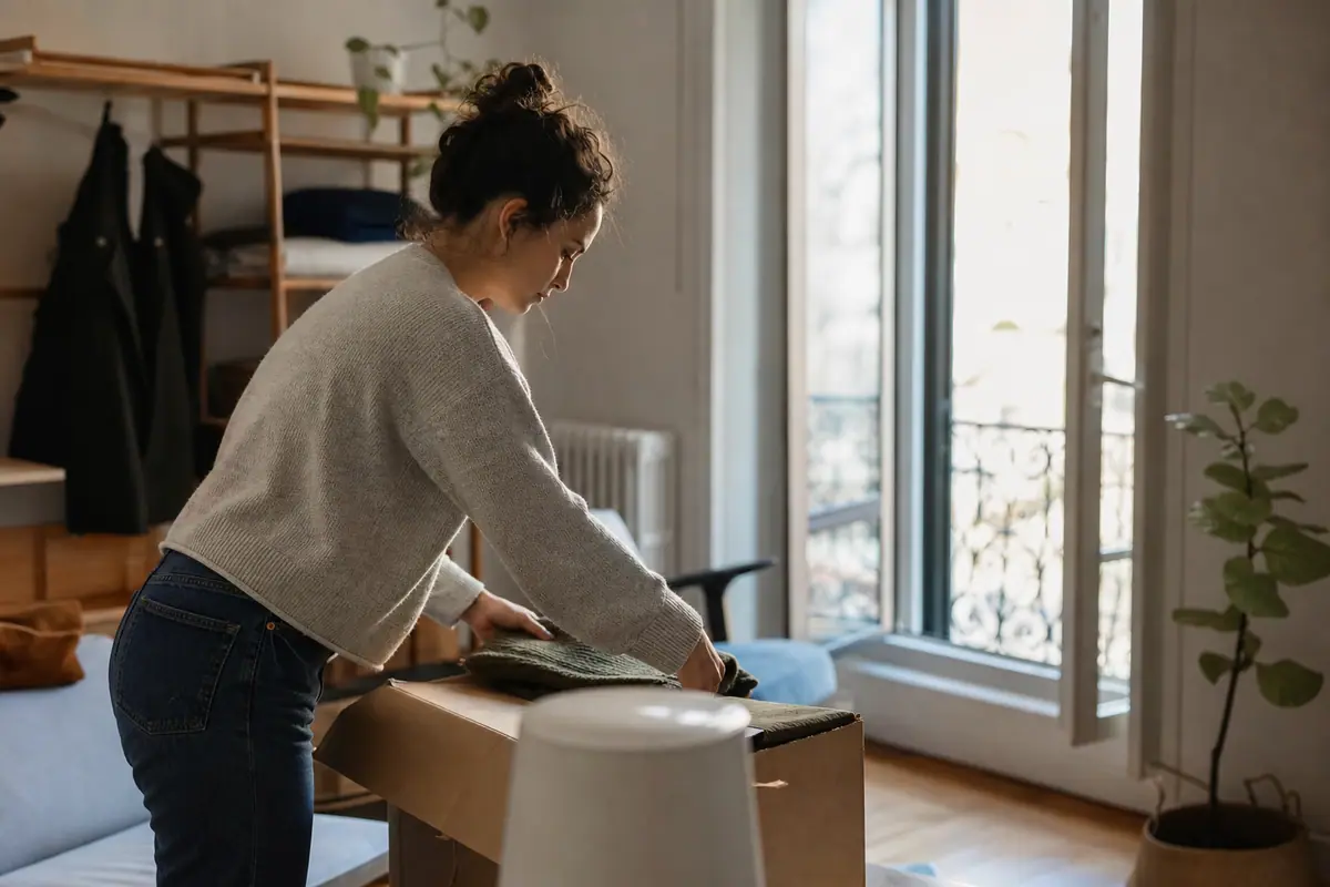 Lettre de préavis et enveloppe posées sur une table avec des cartons de déménagement