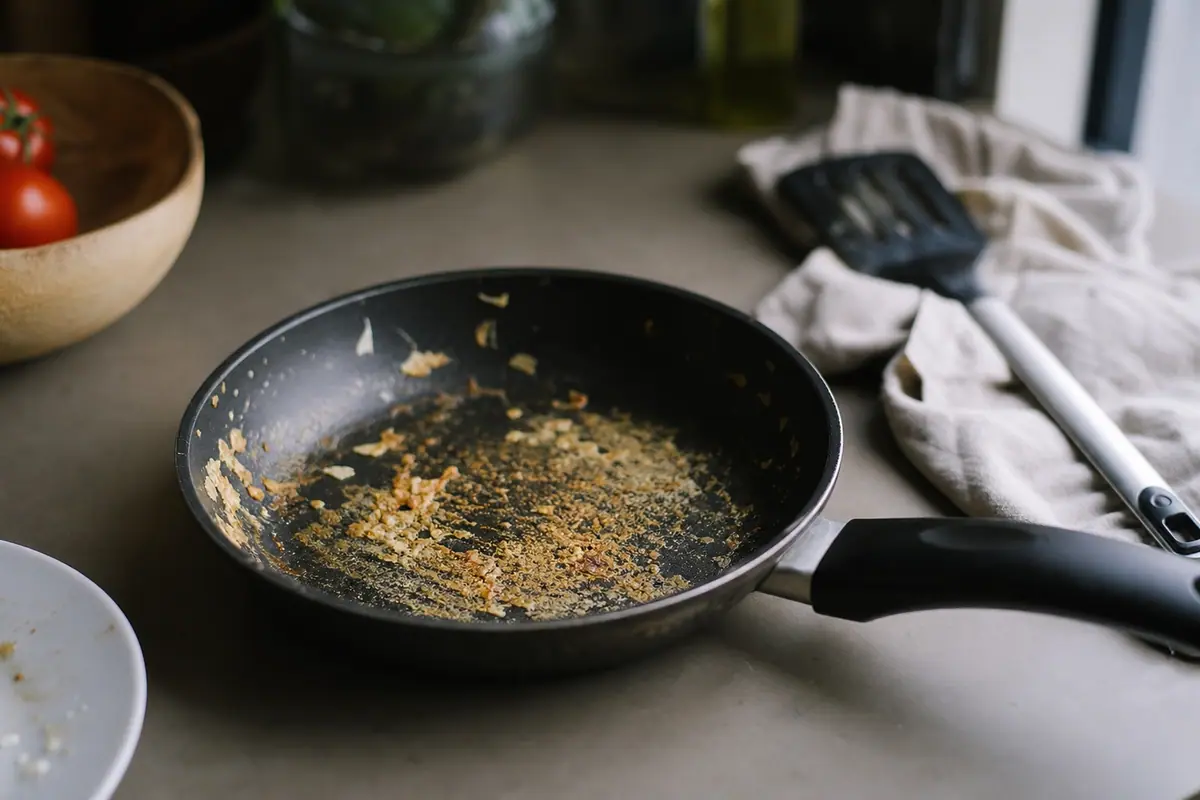 Poêle antiadhésive posée sur une cuisinière avec des œufs en train de cuire